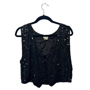 VTG TINA Black Sequin Beaded Vest Women Small 15.5"x18" Silk Cropped Evening